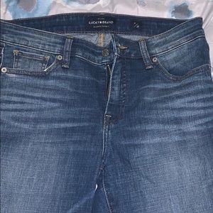 Worn one Lucky brand jeans .
